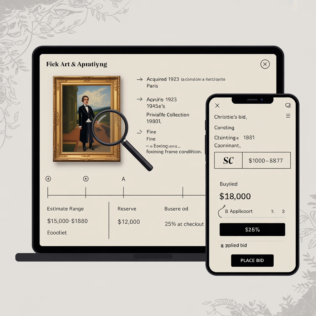 Art and antiques auction platform with provenance timeline and deep zoom imagery