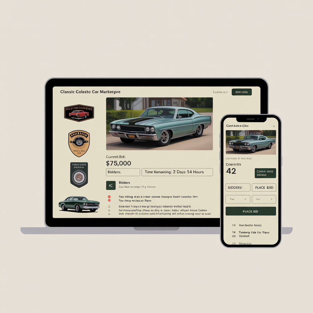 Classic collector car marketplace with auction listings