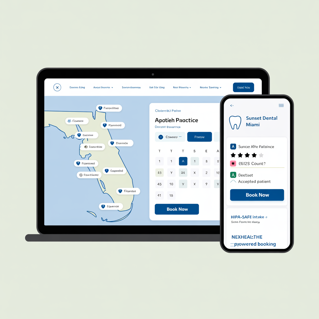 Dental DSO website showing practice finder, patient booking calendar, and HIPAA-safe intake
