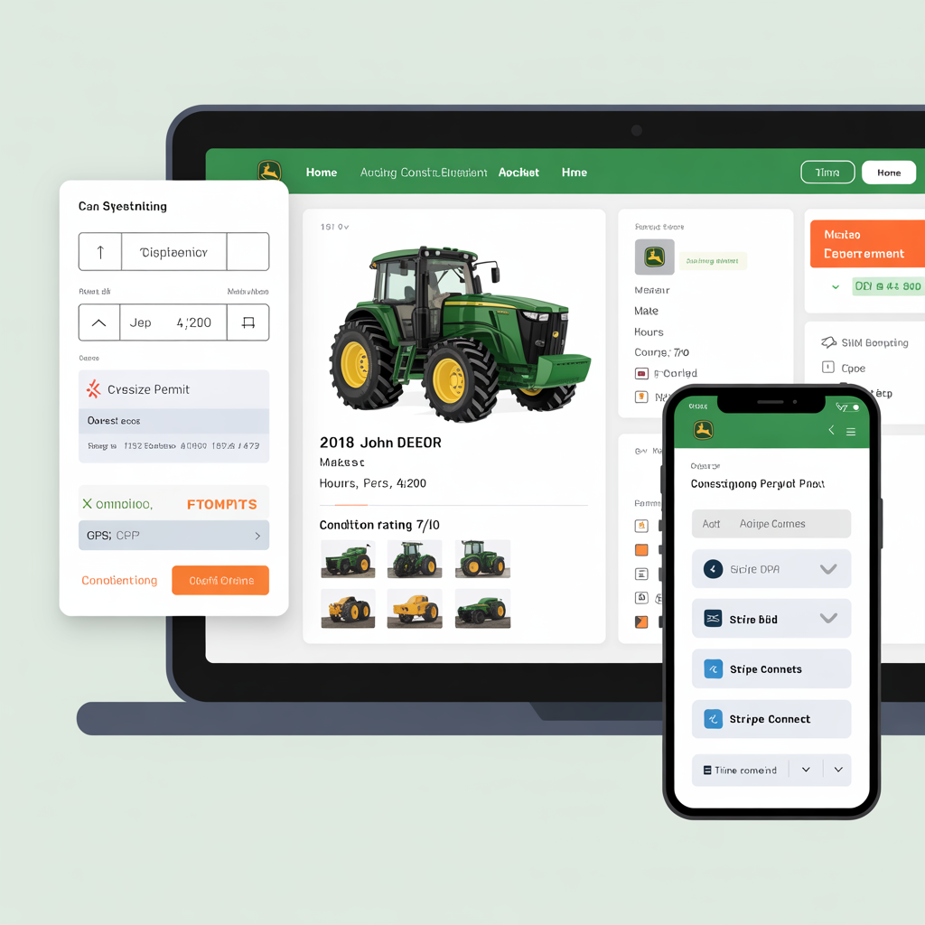 Farm and construction equipment auction platform with inspection reports and shipping calculator