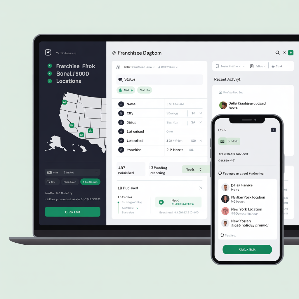 Franchise platform admin dashboard showing 500 locations on a map with Lighthouse 100 score