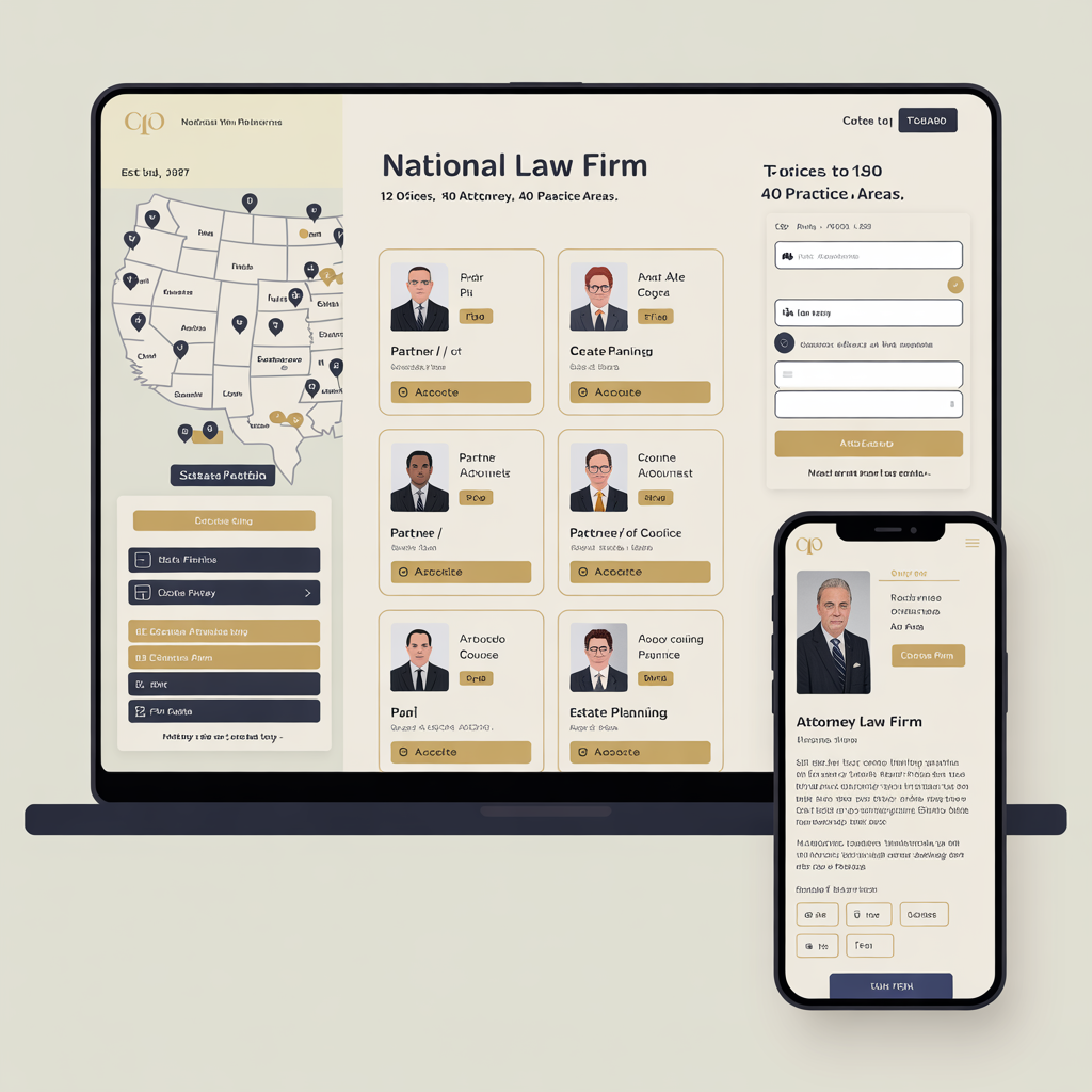 Multi-office law firm website showing attorney directory, office map, and Clio intake integration