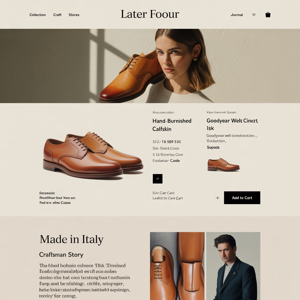 Luxury leather and footwear DTC brand ecommerce website