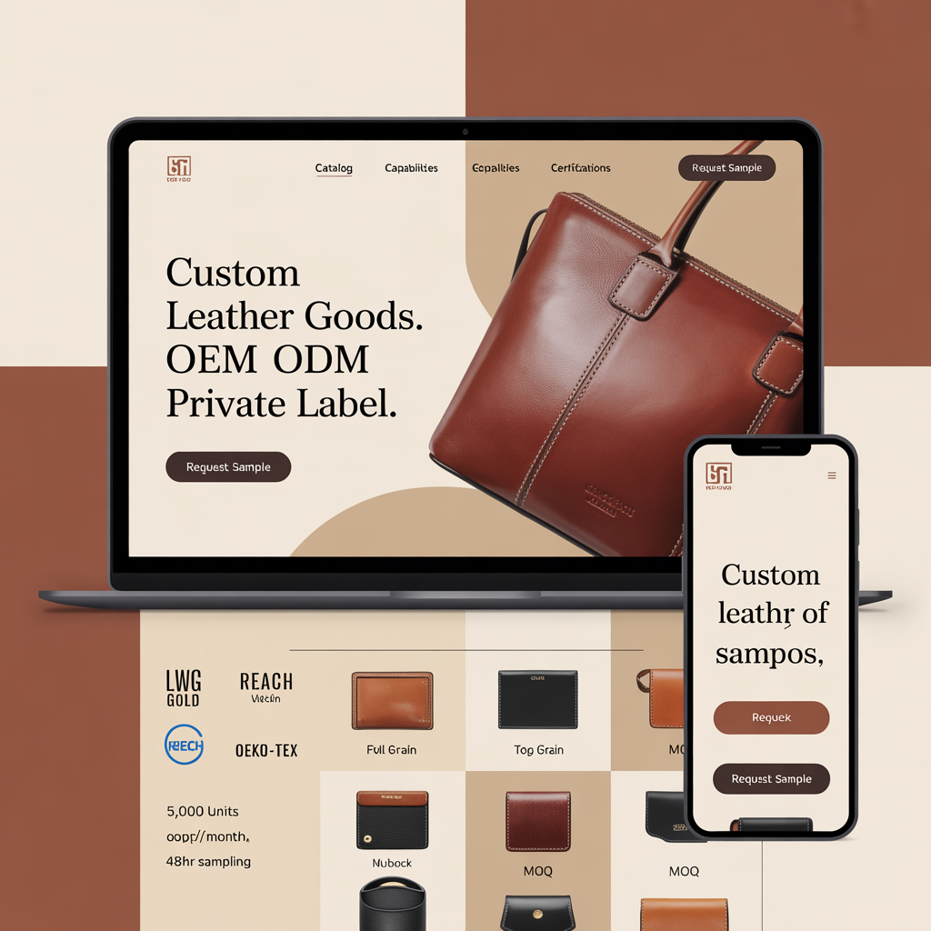 Leather goods manufacturer website with B2B catalog and sampling workflow