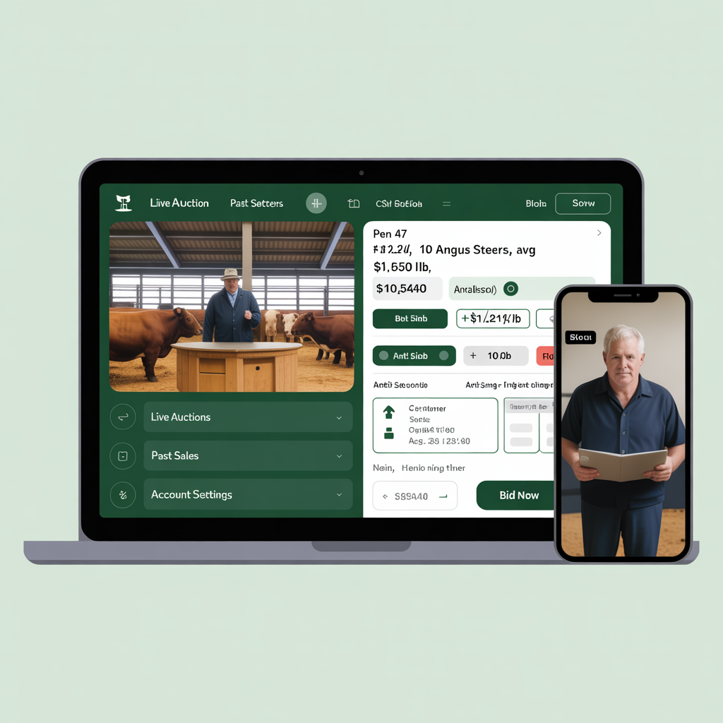 Livestock and cattle auction platform with simulcast bidding and weight-based pricing