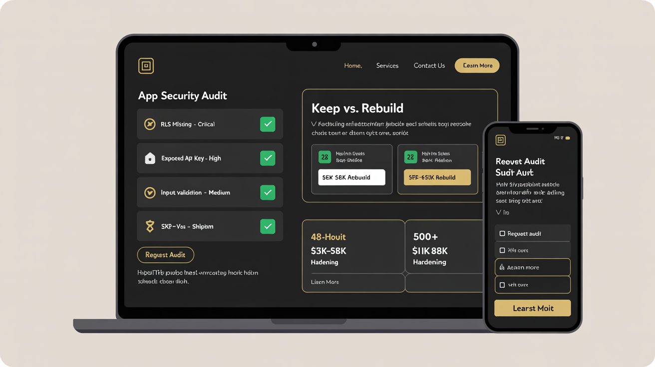 Lovable agency mockup showing security audit and production hardening dashboard