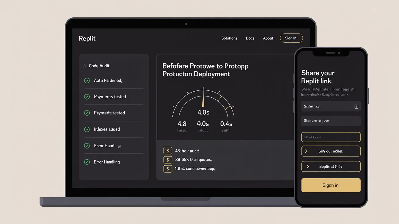 Replit agency dashboard mockup showing prototype-to-production pipeline